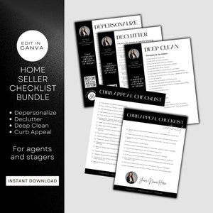 May include: Black and white checklist bundle for home sellers. The checklist includes four sections: Depersonalize, Declutter, Deep Clean, and Curb Appeal. The checklist is designed to be edited in Canva.