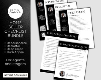 May include: Black and white checklist bundle for home sellers. The checklist includes four sections: Depersonalize, Declutter, Deep Clean, and Curb Appeal. The checklist is designed to be edited in Canva.