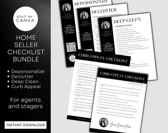 Home Staging Checklist Bundle | Black & White | Declutter, Depersonalize, Deep Clean, Curb Appeal | Canva Templates | Stagers | Real Estate