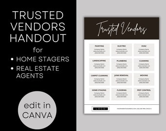 Trusted Vendors List for Real Estate Agent or Home Staging Company | Canva Template | Instant Download | Seller Guide | Recommended Trades