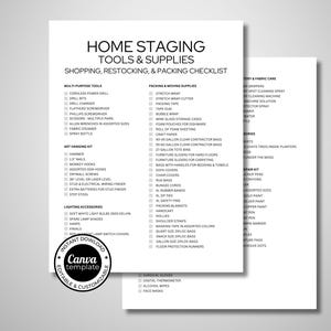 Puede incluir: Una lista de verificación imprimible para herramientas y suministros de home staging, con categorías como herramientas multiusos, kit para colgar arte y suministros de embalaje. El documento está en texto negro sobre fondo blanco.