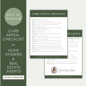 Home Staging Checklist | Canva Template for Home Stager or Real Estate Agent | Green | Curb Appeal List, Guide, Form, Seller Packet