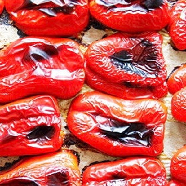 Freeze Dried Roasted Red Bell Peppers - hand roasted, peeled freeze dried red peppers halved