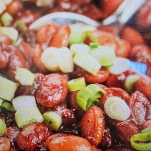 May include: A close-up view of a dish consisting of numerous reddish-brown kidney beans coated in a dark, glossy sauce. The beans are topped with freshly chopped bright green scallions, and a silver spoon is partially visible in the background.