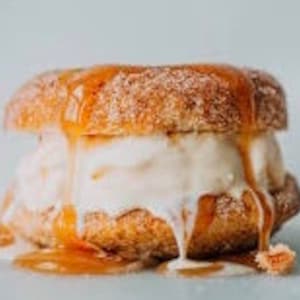 Gevriesdroogde vanilledonut met ijssandwiches- verjaardagsdonutsandwich-donutijsbeten aardbei- of vanille-ijsvulling