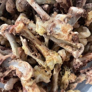 May include: A close-up of a pile of cooked chicken bones. The bones are white and have a slightly brown color from being cooked. Some of the bones have small pieces of meat still attached to them.