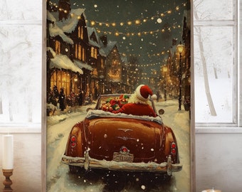 Impressão de Papai Noel dirigindo um carro antigo: arte festiva de Natal (download digital)