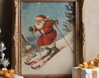 Vintage Skiing Santa Art Print: Christmas Sports Decor (Digital Download)