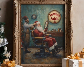 Santa Barber Shop Art Print - Vintage Holiday Wall Art, Christmas Salon Decor, Festive Santa Haircut Painting, North Pole Scene Decor, S27