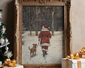 Santa Walking with Dog Art - Christmas Winter Wall Decor, Snowy Forest Scene Painting, Festive Santa Dog Walk Print, Holiday Home Decor, S14