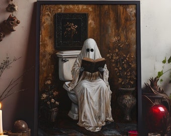 May include: A painting of a ghost sitting on a toilet and reading a book. The ghost is wearing a white sheet and has a white face with black eyes. The toilet is white and has a gold handle. The background is a dark brown color with a few plants in the background.