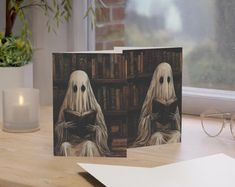 Gothic Library Ghost Greeting Cards: Spooky Halloween Stationery