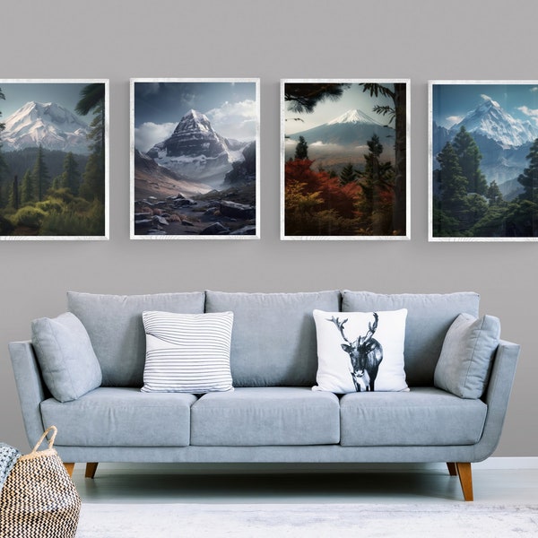 Divine Peaks: A Set of 4 Printable Wall Art Featuring Mt. Kailash, Fuji, Shasta, Everest, Mountain Art, Sacred, Holy Summits, Blessed