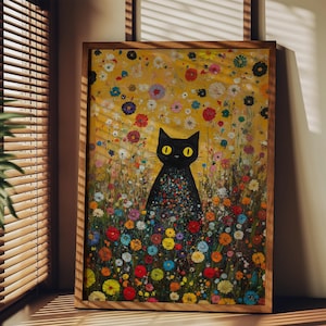 Klimt Garden Cat Art Print: Floral Black Cat Poster