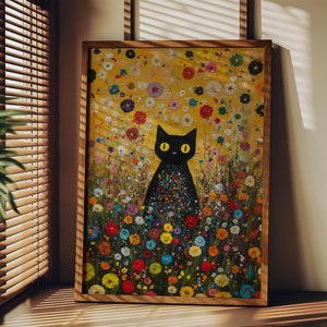 Gustav Klimt tuinkat afdrukbare kunst, Klimt bloemen kat poster, zwarte kat kunst, bloemenprint, Home decor poster, bloemenkat poster, C02