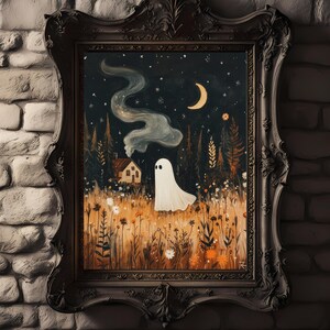 Ghost in Enchanted Forest Meadow Printable Art, Whimsical Halloween Decor Cottagecore Art, Charming and Spooky Wall Art for Fall Season, G15