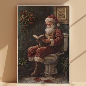 Santa on Toilet Art Print | Humorous Christmas Wall Art | Quirky Santa Bathroom Decor | Funny Holiday Art for Festive Decor | S13