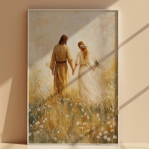 Jesus and Bride Art Print | Spiritual Couple Wall Art, Christian Love Decor, Inspirational Jesus Artwork, Peaceful Meadow Painting | J01