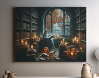 Impressão de fantasma na biblioteca, arte de parede de fantasma vintage, livro de leitura de fantasma assustador, decoração de Halloween de chalé, academia sombria, impressões de HALLOWEEN, nº G46