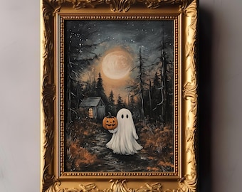 Halloween Ghost Print: Moonlit Forest, Dark Cottagecore Art (Digital Download)