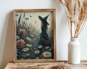 Impressão de bruxa em campo de flores: arte de parede estilo chalé boho (download digital)