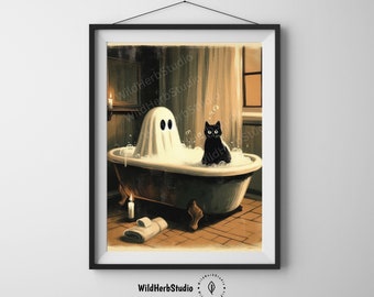 Ghost and Cat Bubblebath Print: Spooky Halloween Bathroom Decor (Digital Download)