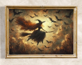 Impresión gótica de brujas voladoras y murciélagos: Arte de la Academia Oscura de Halloween (Descarga digital)