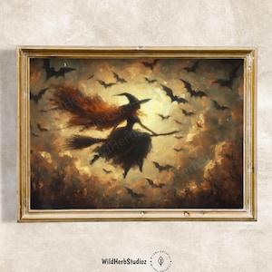 Fliegende Hexe & Fledermäuse Gothic Poster: Halloween Dark Academia Art (Digitaler Download)