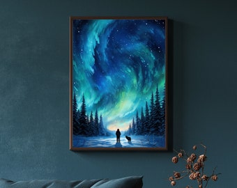 Northern Lights Canvas Print: Winter Night Sky, Dog Companion