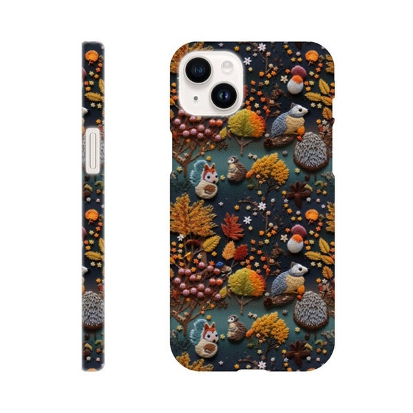 Etui pour portable broderie écureuil chouette hérisson au crochet | Housse de téléphone brodée d'animaux de la forêt mignons | Cadeaux d'automne | iPhone | Samsung