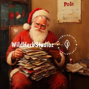Noordpool kerstman leest letters | Vintage kerstkunst aan de muur en kerstman verlanglijsten decor | Decoratie voor vakantiehuizen | Direct afdrukken | S07