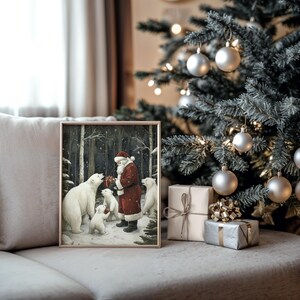 May include: A framed illustration of Santa Claus giving presents to three polar bears in a snowy forest. The illustration is in a rustic style with a brown frame.