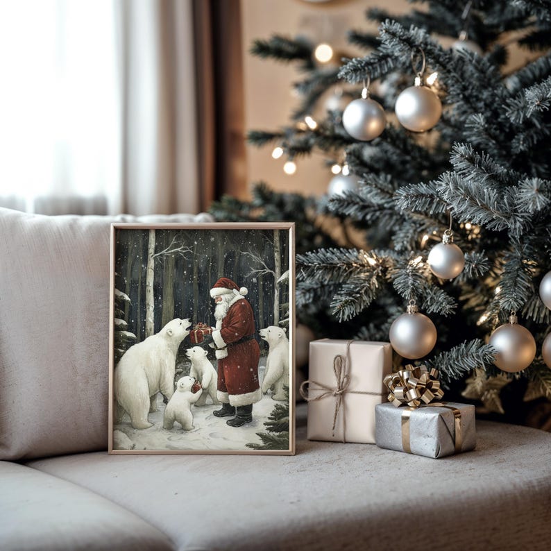May include: A framed illustration of Santa Claus giving presents to three polar bears in a snowy forest. The illustration is in a rustic style with a brown frame.