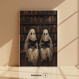 Gothic art featuring ghostly figures in a vintage library setting