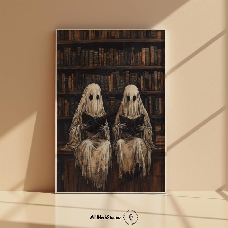 Gothic art featuring ghostly figures in a vintage library setting