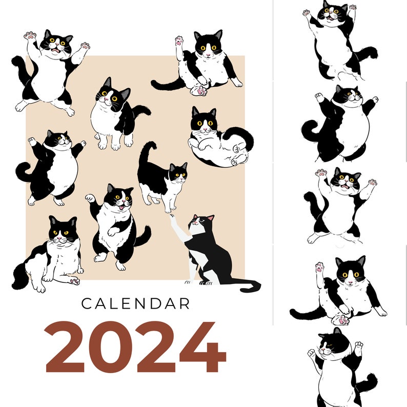 Tuxedo cats 2024 wall calendar whimsical cats calendar cat etsy ireland