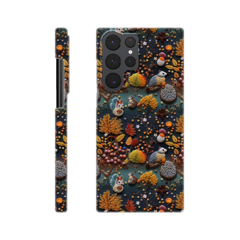 Woodland Animals Phone Case | Embroidered Squirrel, Owl & Hedgehog Galaxy S22 Ultra