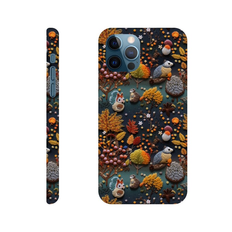 Woodland Animals Phone Case | Embroidered Squirrel, Owl & Hedgehog iPhone 12 Pro