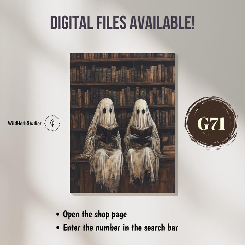 May include: Two ghostly figures, wearing white sheets, sit on a shelf in a library, reading books. The library shelves are filled with books. The image has the text "G71" in the upper right corner.