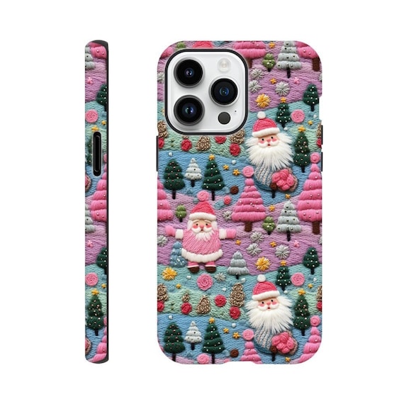 Embroidered Santa Phone Case: Kawaii Christmas iPhone, Samsung, Pixel