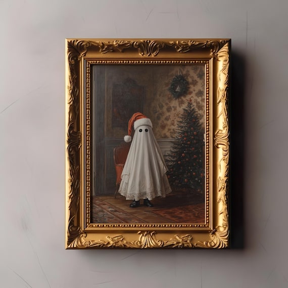 Christmas Ghost Art Print: Vintage Santa Hat, Cottagecore Holiday (Digital Download)