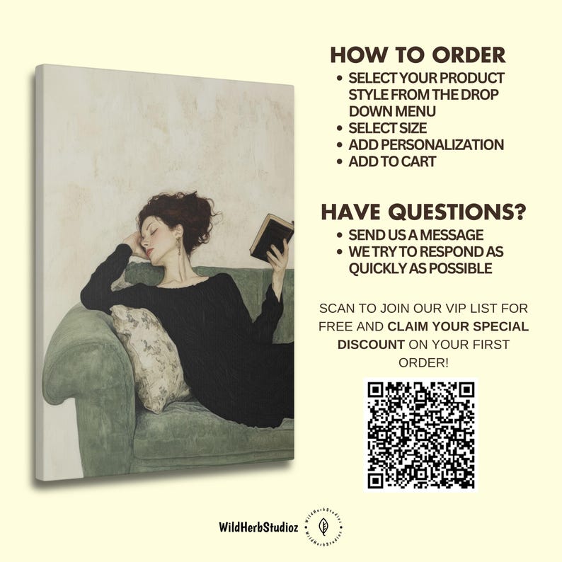 K&ouml;nnte beinhalten: Eine Frau in einem schwarzen Kleid liegt auf einem gr&uuml;nen Sofa und liest ein Buch. Das Bild ist im Vintage-Stil gehalten. Der Text auf dem Bild lautet "So bestellen Sie", "W&auml;hlen Sie Ihren Produktstil aus dem Dropdown-Men&uuml;", "Gr&ouml;&szlig;e ausw&auml;hlen", "Personalisierung hinzuf&uuml;gen", "In den Warenkorb legen", "Haben Sie Fragen?", "Senden Sie uns eine Nachricht", "Wir versuchen, so schnell wie m&ouml;glich zu antworten", "Scannen Sie, um unserer VIP-Liste beizutreten und Ihren Sonderrabatt auf Ihre erste Bestellung zu erhalten!" und "WildHerbStudioz".