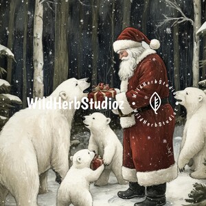 May include: Santa Claus in a red suit with white trim and a white beard is giving presents to three polar bears in a snowy forest. The bears are standing on snow and are looking at Santa. The background is a dark forest with snow falling.