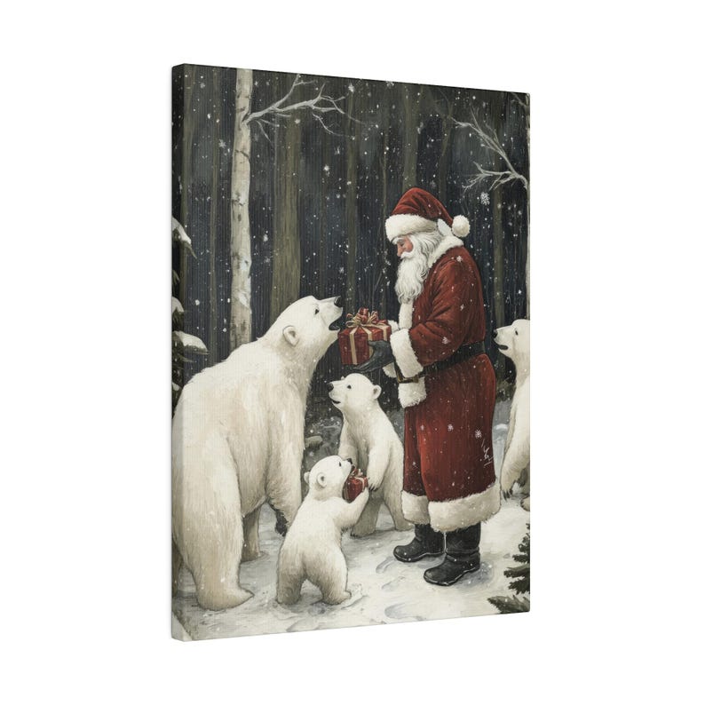 May include: Santa Claus in a red suit with a white beard and hat is giving a red gift box to a polar bear in a snowy forest. Two smaller polar bears are watching.