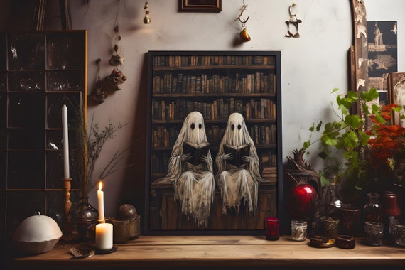 Ghost Library Painting: Rustic Halloween Art, Dark Cottagecore Decor