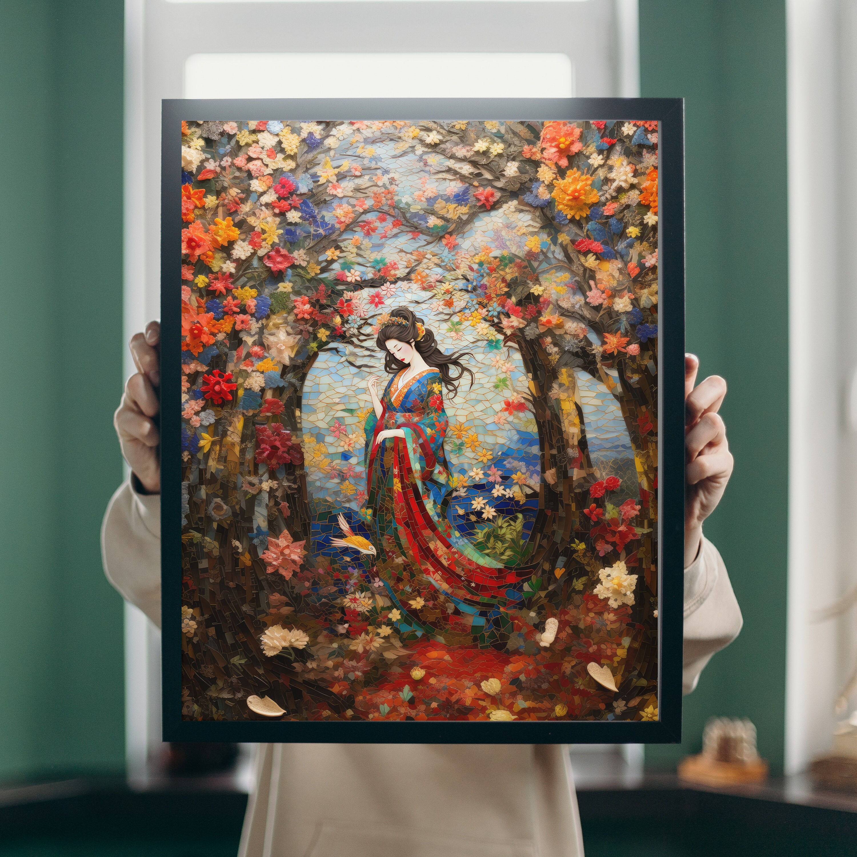 Traditional Kimono Artwork Asianinspired Wall Art, Floral Mosaic