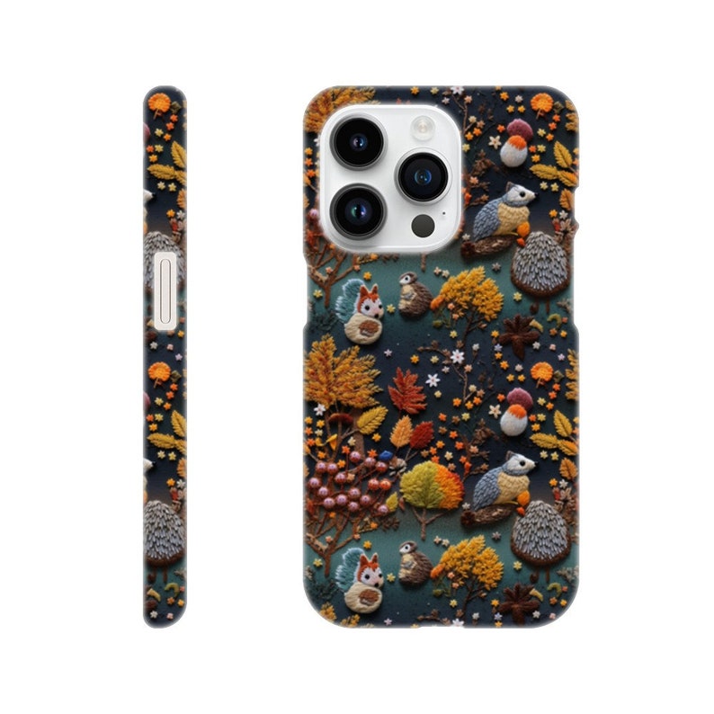 Woodland Animals Phone Case | Embroidered Squirrel, Owl & Hedgehog iPhone 14 Pro