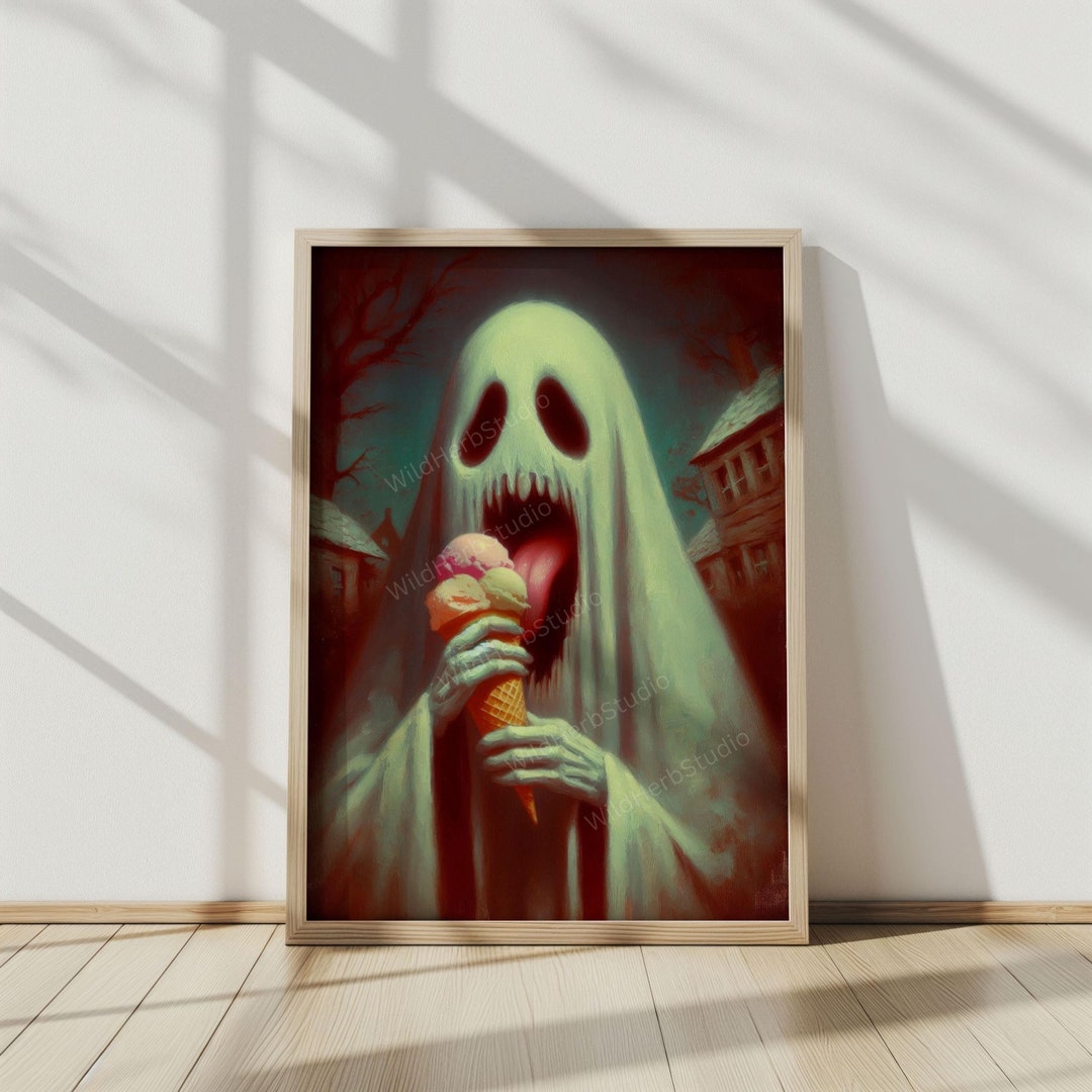 Spooky Ghost Eating Ice Cream Decor Wall Art Vintage Halloween Ghost ...