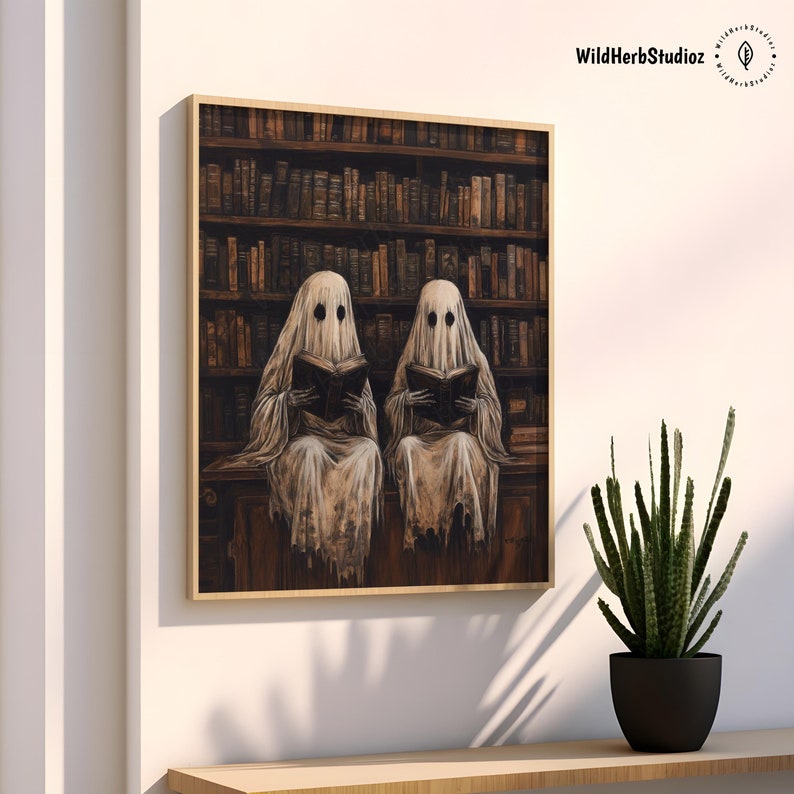 May include: Two white ghosts sitting in a library reading books. The ghosts are wearing white sheets and have black eyes. The library is filled with bookshelves and books.