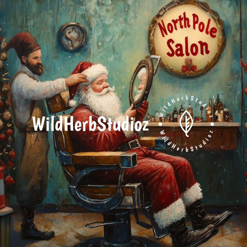 Santa Barber Shop Art Print Vintage Holiday Wall Art, Christmas Salon